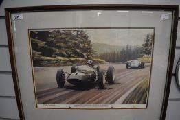 A framed and glazed limited edition print, Innes Ireland winning the 1961 solitude grand prix,
