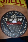 A reproduction Triumph Bonneville plaque.