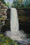 Gerald Hodgson (20th Century, British), an oil on board, A waterfall, possibly Thornton Force,