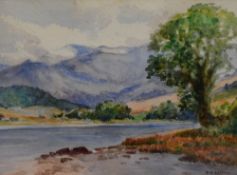 R.A. Laycock (20th Century, British), watercolour, A lake scene with hills beyond, signed to the