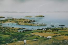 After R.J Parker (20th Century), coloured print, 'Derrynane Harbour, Ring of Kerry', displayed