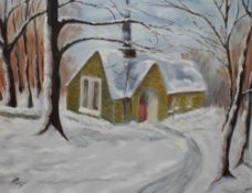 20th Century, an oil on canvas, A chapel within a winter woodland setting, an amateur