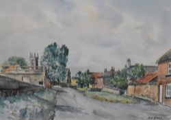 J.W Dyas (20th Century), watercolour, A village scene with a row of houses and church in the