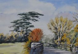 Veronica Ayre (20th Century), watercolour, A tree lined path with blue sky above, signed to the