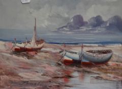Unknown Artist, 20th Century, an oil on board, Fishing boats on a beach, signed indistinctly to