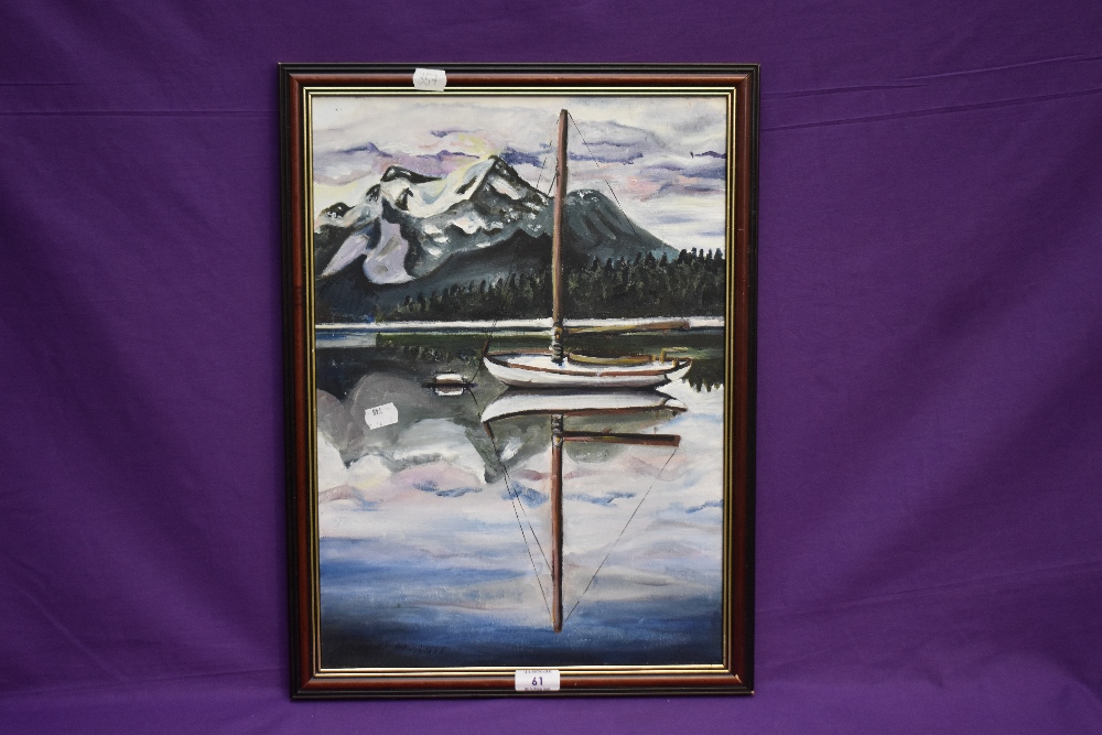 Hattie Holliday, 20th Century, oil on canvas, A yacht moored within a lake, in the style of Peter - Image 2 of 5
