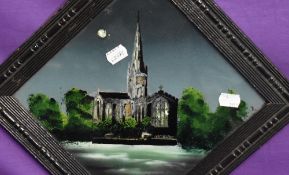 Artist Unknown (19th/20th Century), a reverse painting on glass, A church with mother of pearl