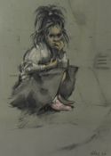 After Harold Riley (20th Century, British), a coloured print, A girl sitting on a street, signed