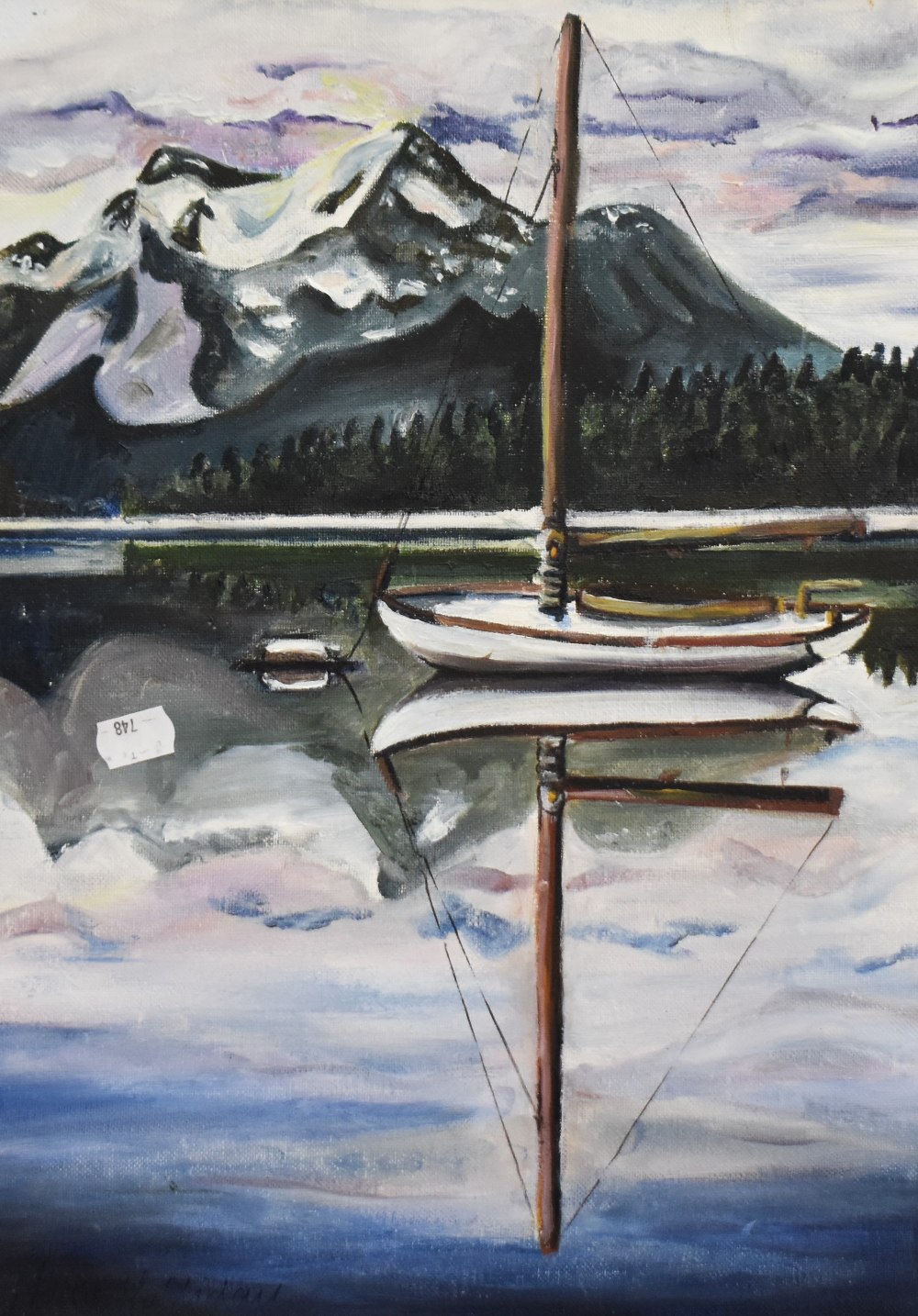 Hattie Holliday, 20th Century, oil on canvas, A yacht moored within a lake, in the style of Peter