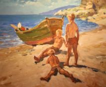 20th Century, Continental School, oil on canvas, Three boys at the seaside, signed indistinctly to