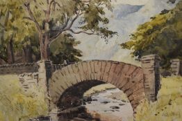 Allwood (20th Century, British), watercolour, A view of a stone arched bridge surrounded by trees,