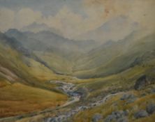 J.M Nelson (19th/20th Century, British), watercolour, The upper reaches of a mountainous valley,