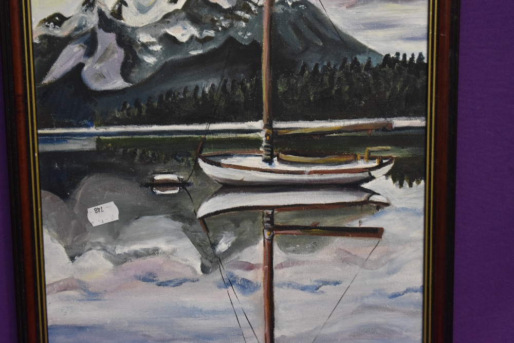 Hattie Holliday, 20th Century, oil on canvas, A yacht moored within a lake, in the style of Peter - Image 3 of 5