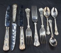 A group of Queen Elizabeth II Queens pattern flatware and cutlery, comprising three table forks,