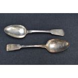 A pair of William IV silver fiddle pattern serving spoons, with pip reverse and engraved initials