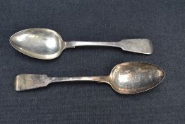 A pair of William IV silver fiddle pattern serving spoons, with pip reverse and engraved initials