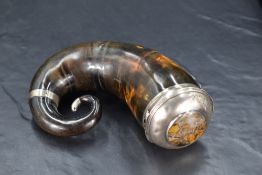 *local interest, a 19th century white metal mounted snuff mull, the curled horn body with applied
