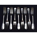 A harlequin group of nine fiddle pattern table forks, each engraved with demi lion crest and with