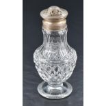 A George V silver topped and mounted cut-glass sugar sifter, the associated pierced pull-off cover