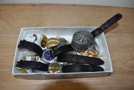 A box of decorative jewellery, wristwatches and associated items, including filigree lidded