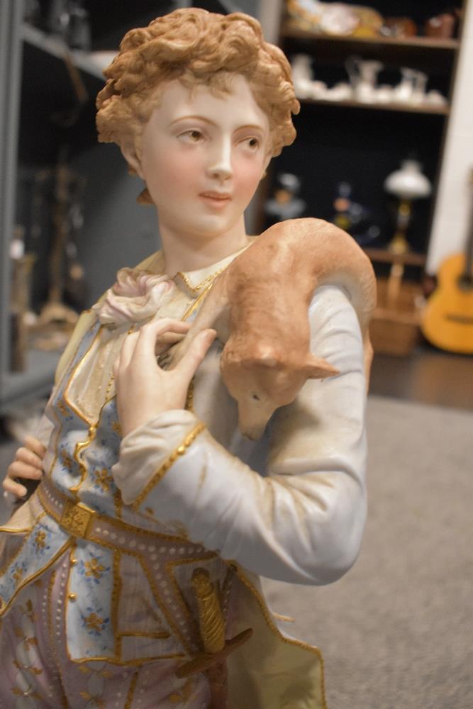 Two 19th century German bisque porcelain figures, depicting man with fox and woman(AF). - Image 5 of 8