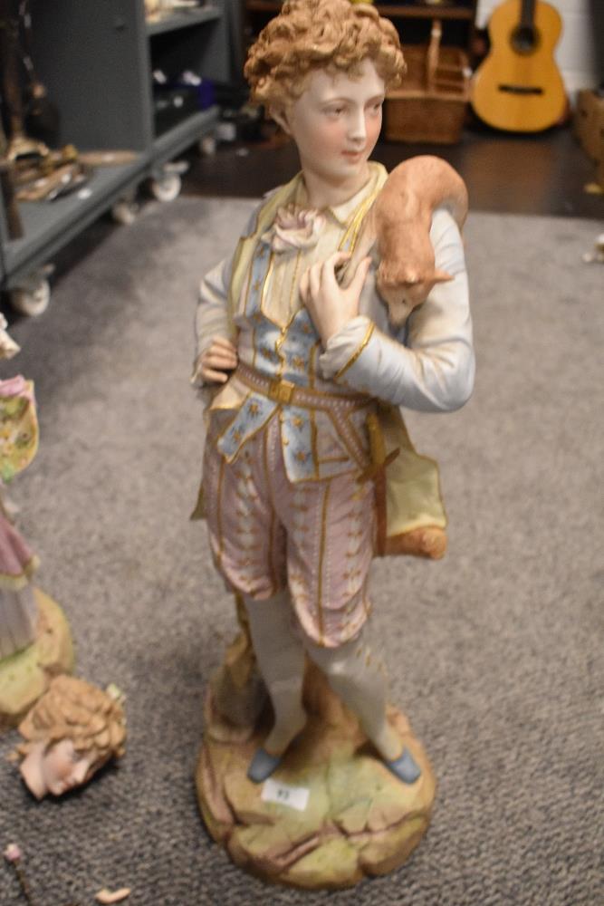 Two 19th century German bisque porcelain figures, depicting man with fox and woman(AF). - Image 4 of 8