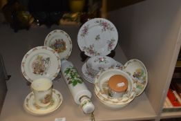 An assortment of ceramics, comprising; rolling pin, Royal Doulton Bunnykins bowls and plates,