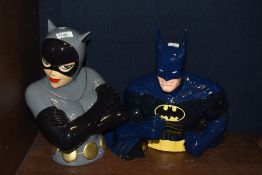Two Warner Bros Batman collectable biscuit barrels, comprising Batman and Catwoman.