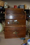 A late 19th Century oak letter rack, with drawer to base, 29cm high, and mahogany table box of
