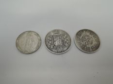 Three GB Silver Coins, 1816 George III Half Crown Bull Head, 1840 Queen Victoria Half Crown and 1902