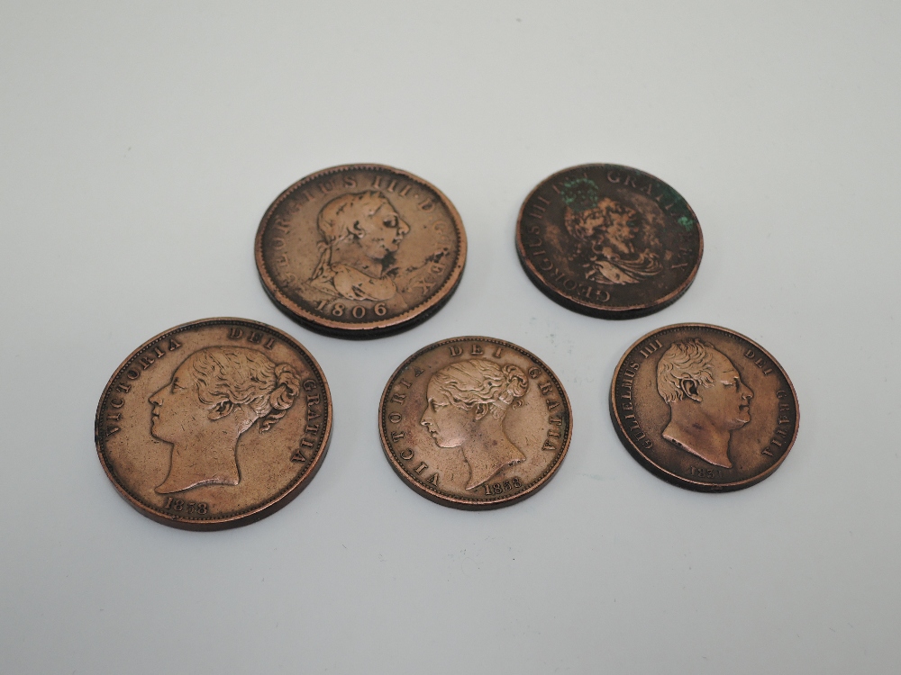 Five GB Bronze Copper Coins, Half Penny George III 1799, George IV 1831, Queen Victoria 1858,