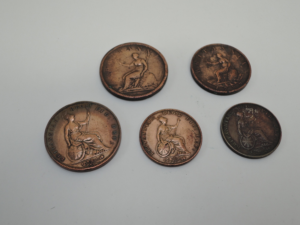 Five GB Bronze Copper Coins, Half Penny George III 1799, George IV 1831, Queen Victoria 1858, - Image 2 of 2