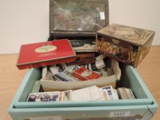 BOX OF CIGARETTE & SOME TRADE CARDS, LOOSE AND IN ALBUMS Old box with several tins of cigarette