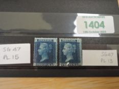 GB 1858 QVIC 2 X 2d BLUES, PLATES 13 & 15 (SG47) BOTH MINT Card with two 2d blues, one a plate 13