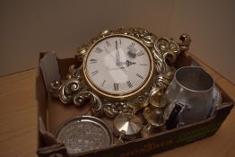 A Smiths gilt effect wall clock, a Mirrorware aluminium jug, a plated condiment set and small tray.