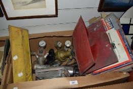 A carton of vintage compressed air tools and gauges etc.