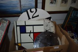 Four vintage wall clocks and a pair of small tortoiseshell bellows AF.