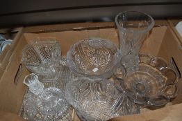 A carton of crystal, cut and pressed glass to include bowls, vases and trays etc.