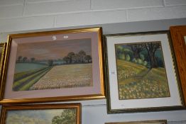 HCP (20th Century), pastel, two countryside landscapes, depicting a woodland path and a harvested