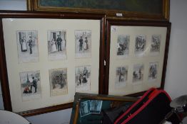 Two framed, glazed and mounted sets of vintage postcards, including 'Familiar faces of London'.