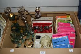 A silver plated candelabra, a boxed plated condiments set, an apple ipod 4gb, a Stratton compact