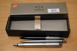 A Parker Esprit fountain pen, a Parker propelling pencil and ballpoint pen