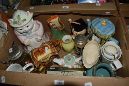 Three novelty tea pots, a cottage ware tea pot, two beer steins, a Hammersley ceramic tankard etc.