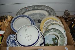 A large blue grey Copeland platter, two blue and white Lossel Ware dinner plates, a selection of