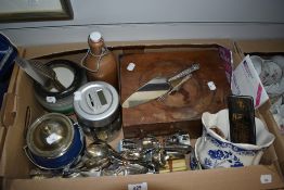 A miscellaneous selection of items including a Wedgwood Jasperware tea caddy, a cake slice with HM