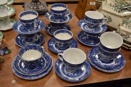 Ten blue and white cups and saucers, including Burleigh Ware Willow.