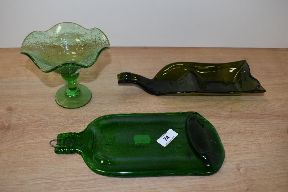 Three pieces of decorative art glass including 'squashed bottle'