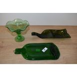Three pieces of decorative art glass including 'squashed bottle'