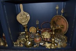 A mixed lot of copper and brass, including copper kettle, trivet, bellows, candlestick etc, to