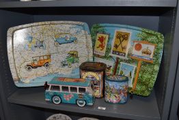 Two vintage trays and three novelty tins